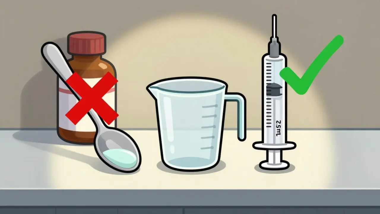 Side-by-side comparison of kitchen spoon, dosing cup, and oral syringe with correct tool highlighted.