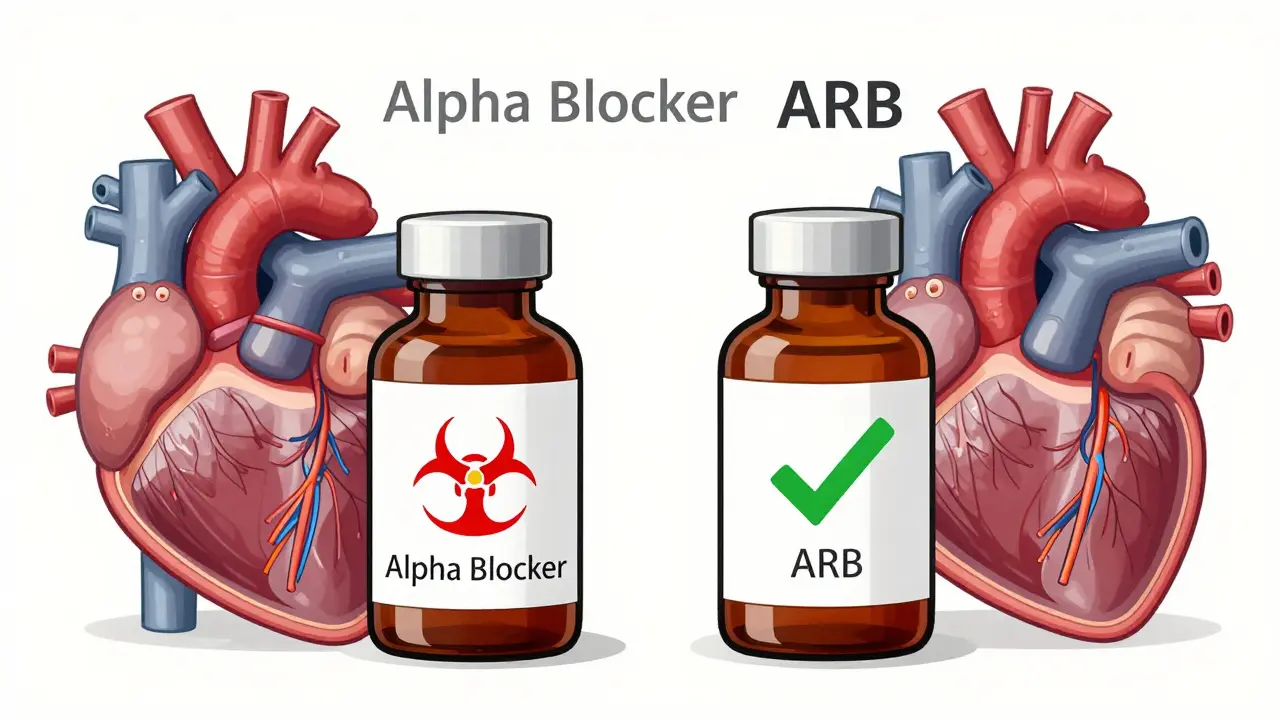 Side-by-side comparison of two blood pressure medications, one with warning symbols and one with safety marks.