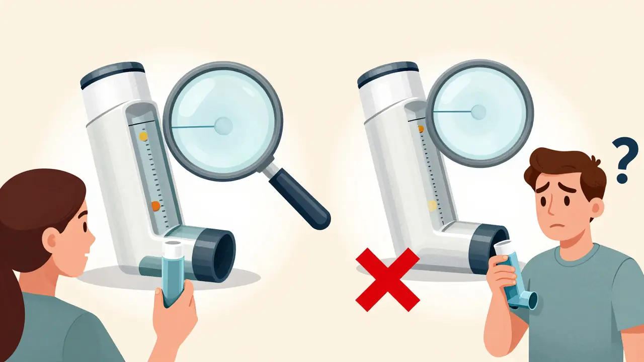 Side-by-side technical comparison of brand and generic inhalers with identical internal parts.