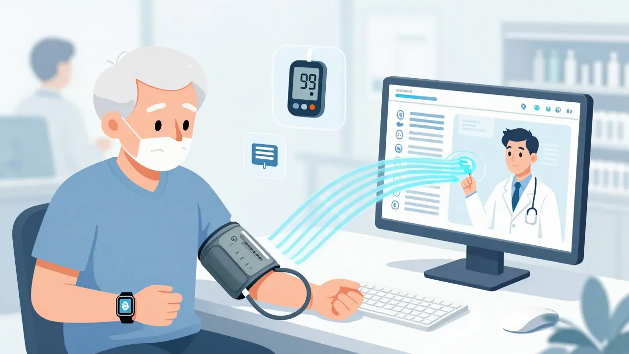 Smart health devices sending data to pharmacist and doctor in a connected care system.