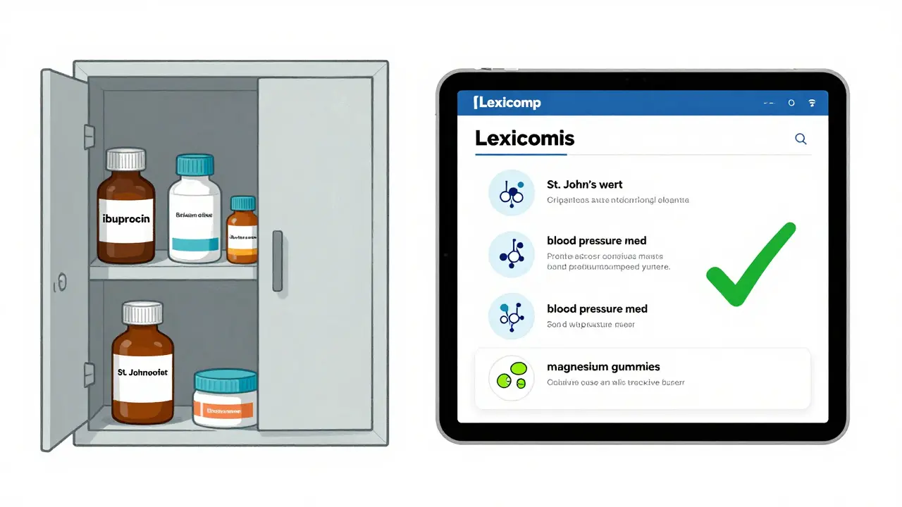 Split illustration of medicine cabinet and app highlighting major drug interaction with safer alternative suggestion.