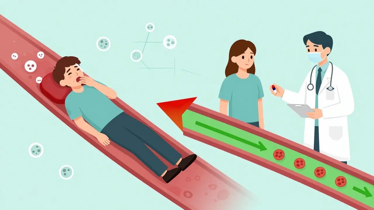 Split scene: person collapsing from low white blood cells vs. safely tapering medication with doctor.