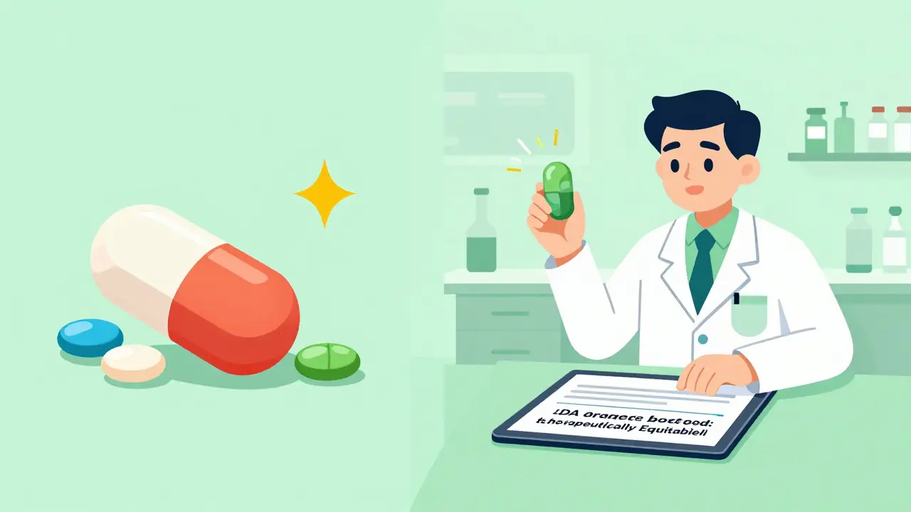 Split-screen comparison: traditional generic with warning sparks versus authorized generic with identical formula to brand drug.