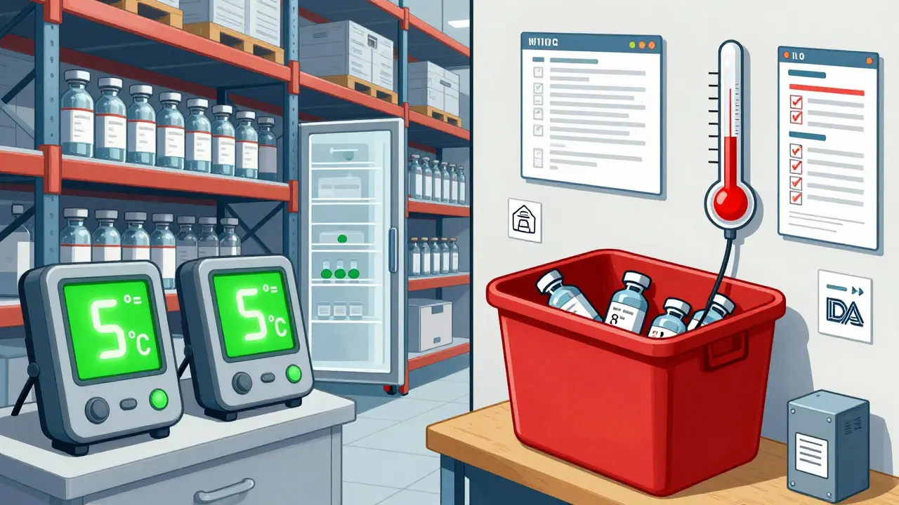 Split warehouse scene: proper cold storage on left, spoiled drugs in red quarantine on right with temperature logs.