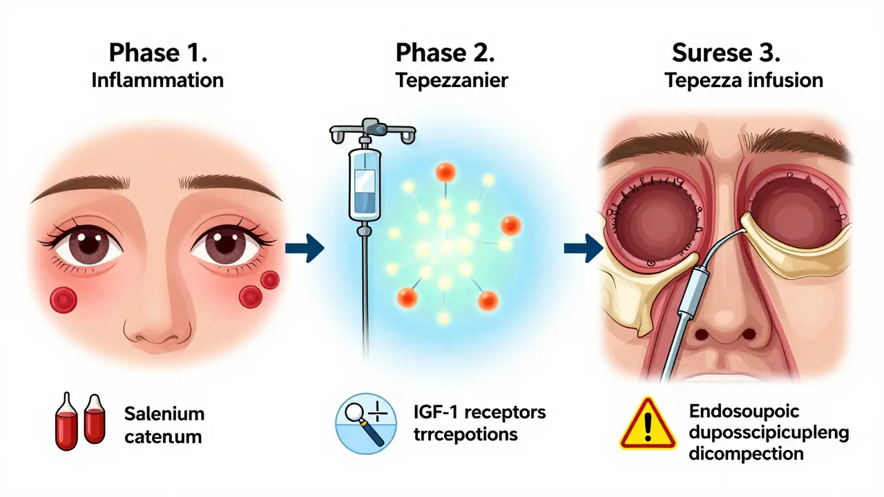 Three-stage treatment timeline for Thyroid Eye Disease: inflammation, Tepezza infusion, and surgical decompression.