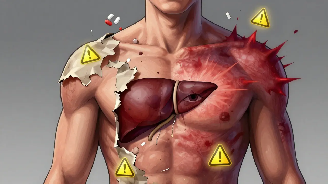 Torso with peeling skin and spreading rash, drug icons above, warning signs glowing.