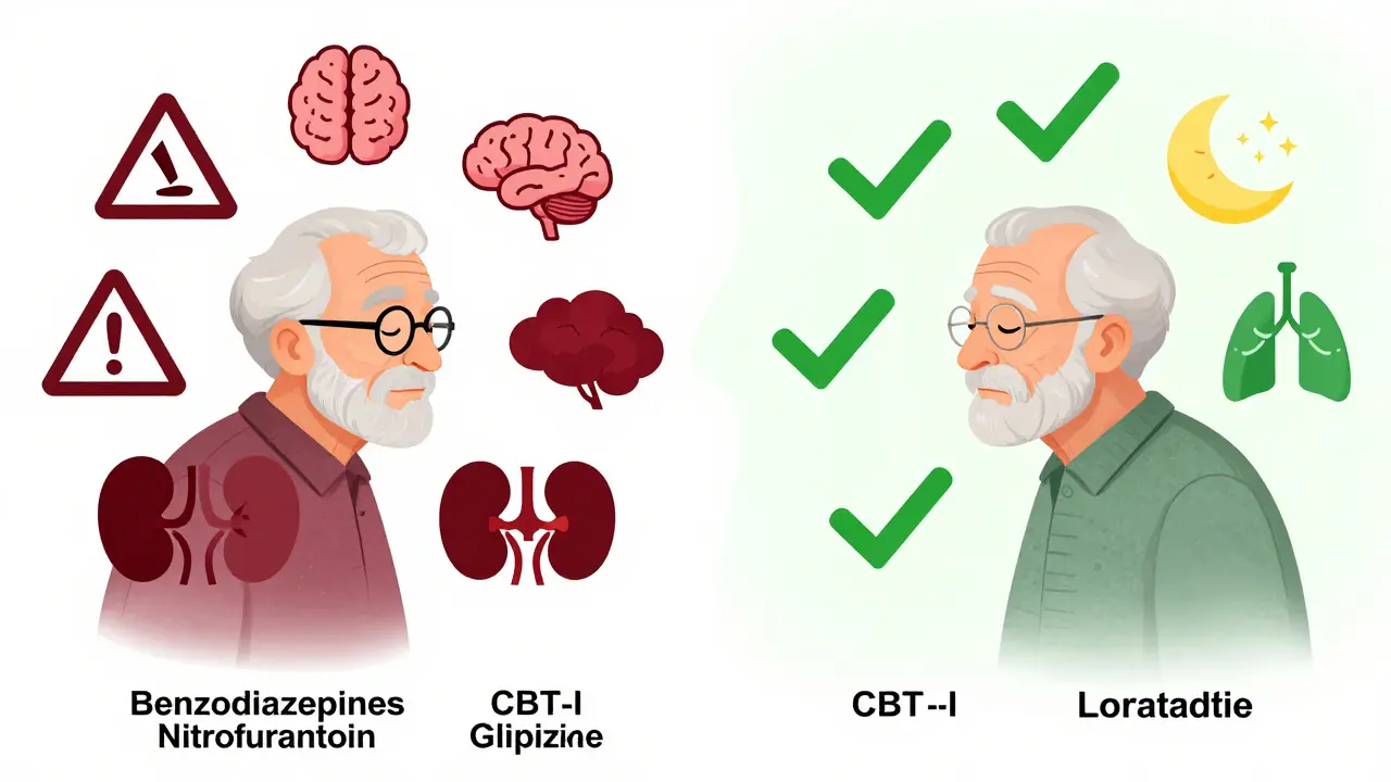 Two elderly figures: one at risk from dangerous drugs, one safe with better alternatives, side-by-side comparison.