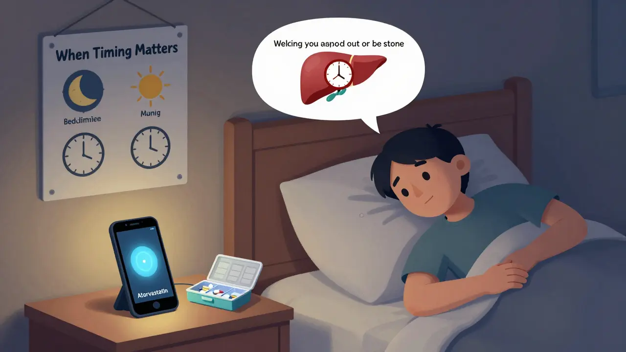 A person taking cholesterol medication at night with an alarm and timing chart showing why timing matters.