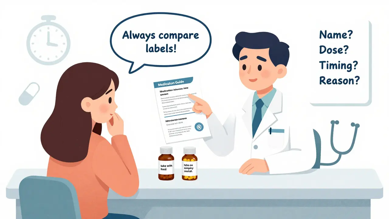 A pharmacist explaining medication differences between two pill bottles to a patient at a pharmacy counter.