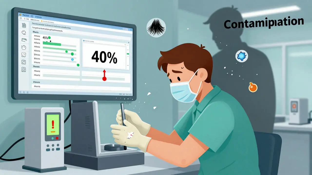 A tired worker in a failing gowning setup near an alerting particle counter, with contamination icons floating nearby.