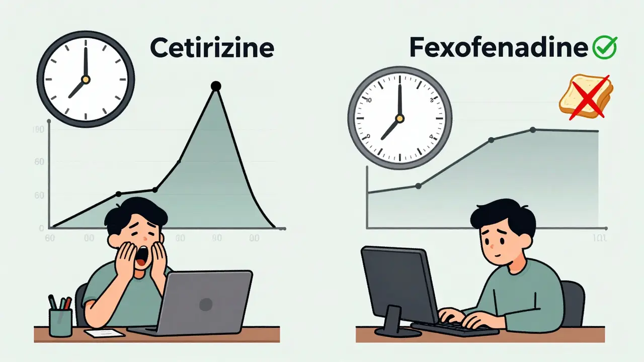 Comparison of drug absorption times: cetirizine works faster with drowsiness, fexofenadine slower but alertness-preserving, with food interaction warning.