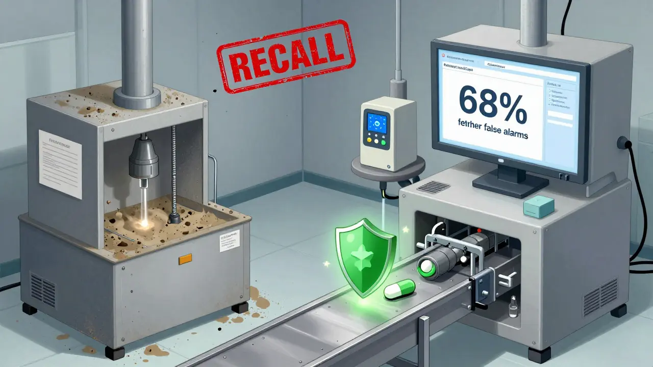 Contrast between outdated drug manufacturing with a recall and a modern smart facility with AI monitoring and a safe pill output.