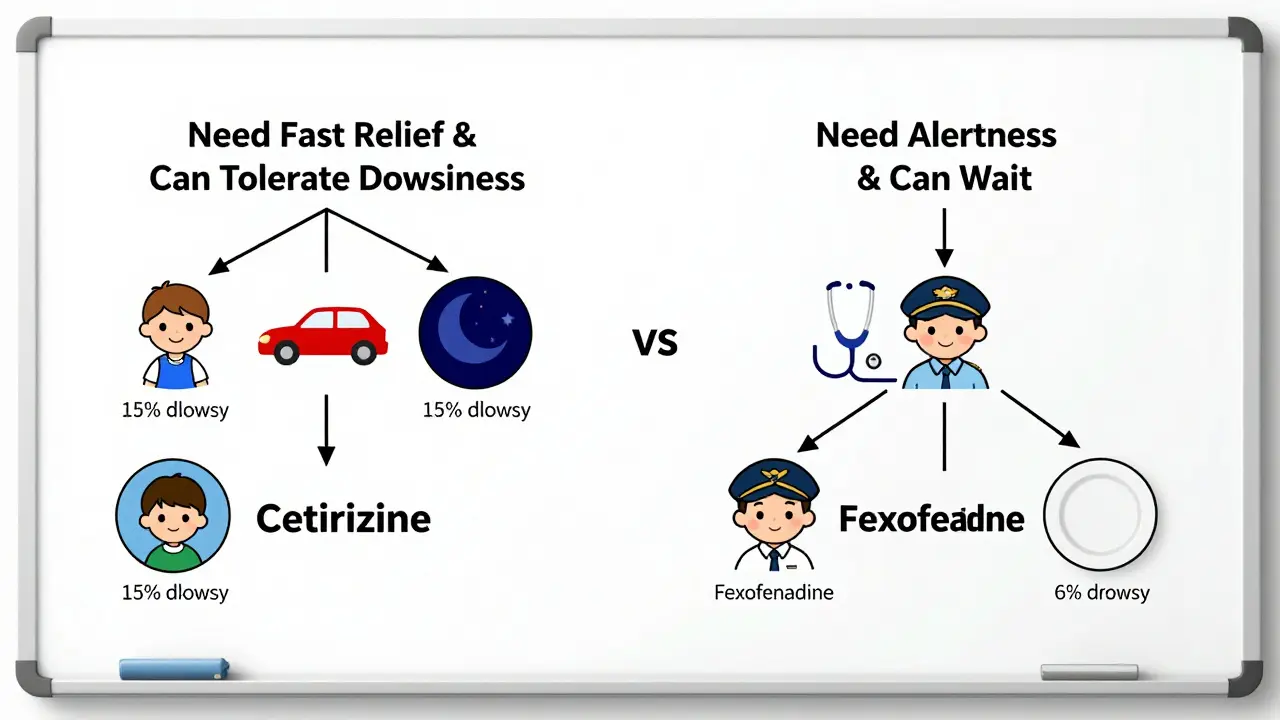 Decision tree guiding choice between cetirizine and fexofenadine based on lifestyle needs, with icons and statistical labels.