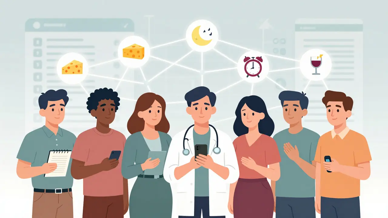 Diverse people using different tracking methods connected by glowing lines forming a health data network with trigger icons.