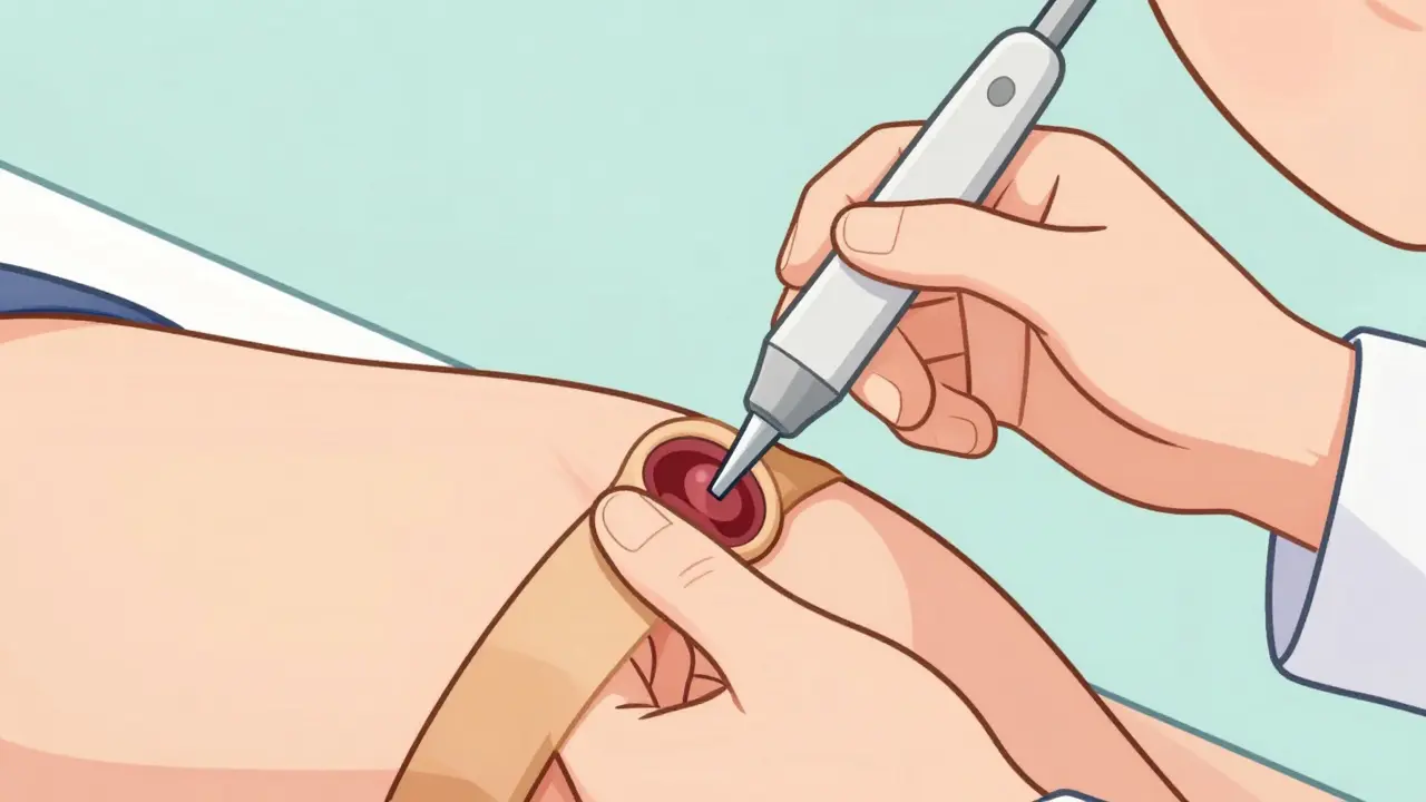 Doctor applying rubber band to internal hemorrhoid during procedure