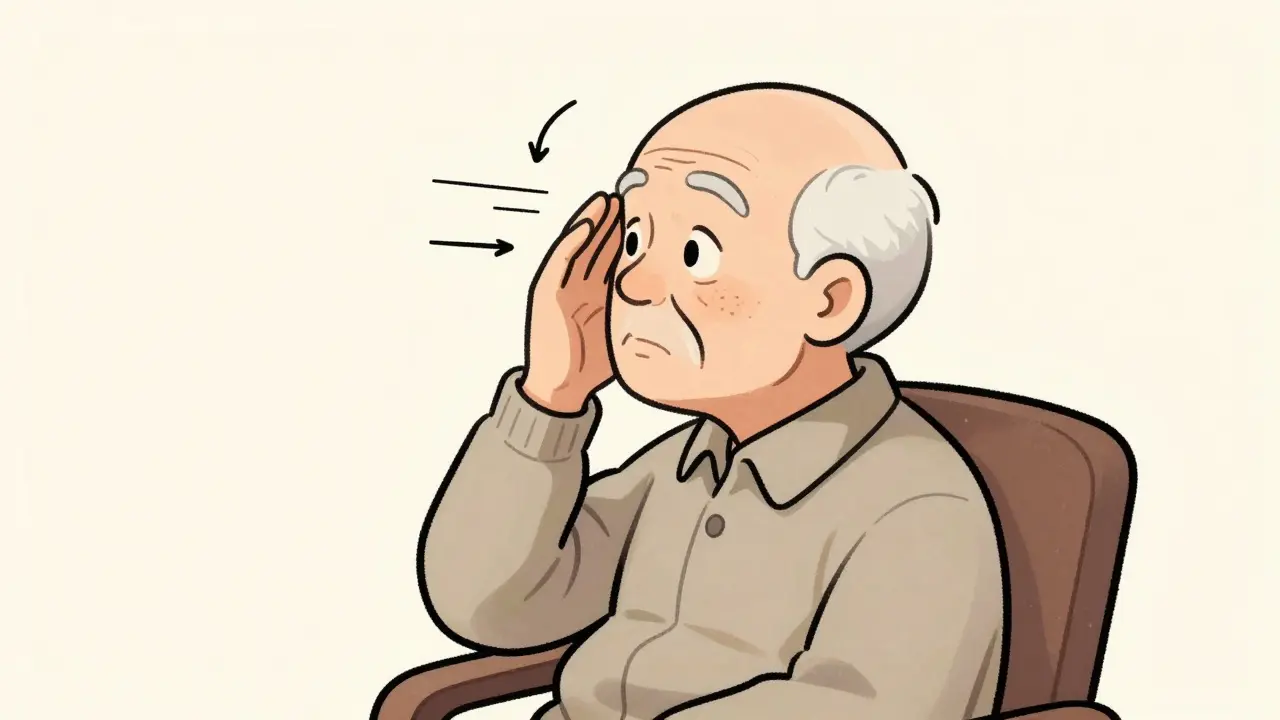 Elderly person sitting in chair moving head while focusing on wall dot for gaze stabilization.