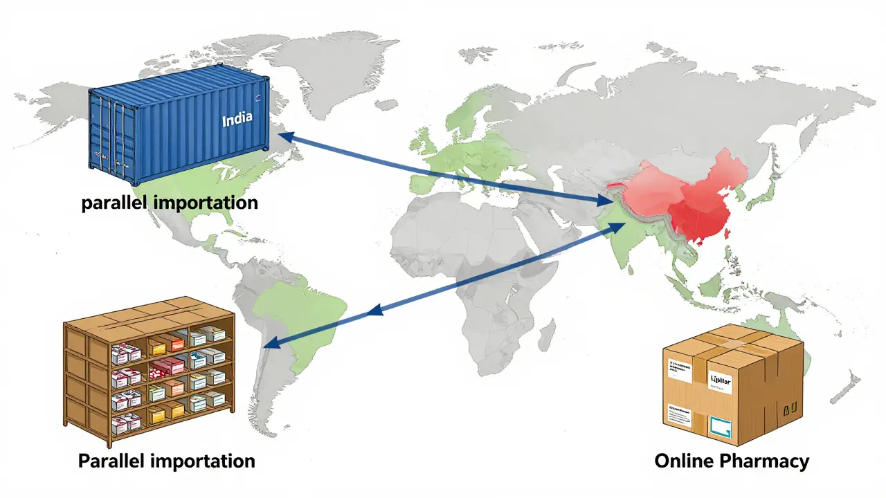 Global supply chain with three routes where fake drugs infiltrate legitimate distribution: parallel import, grey market, and online pharmacy.