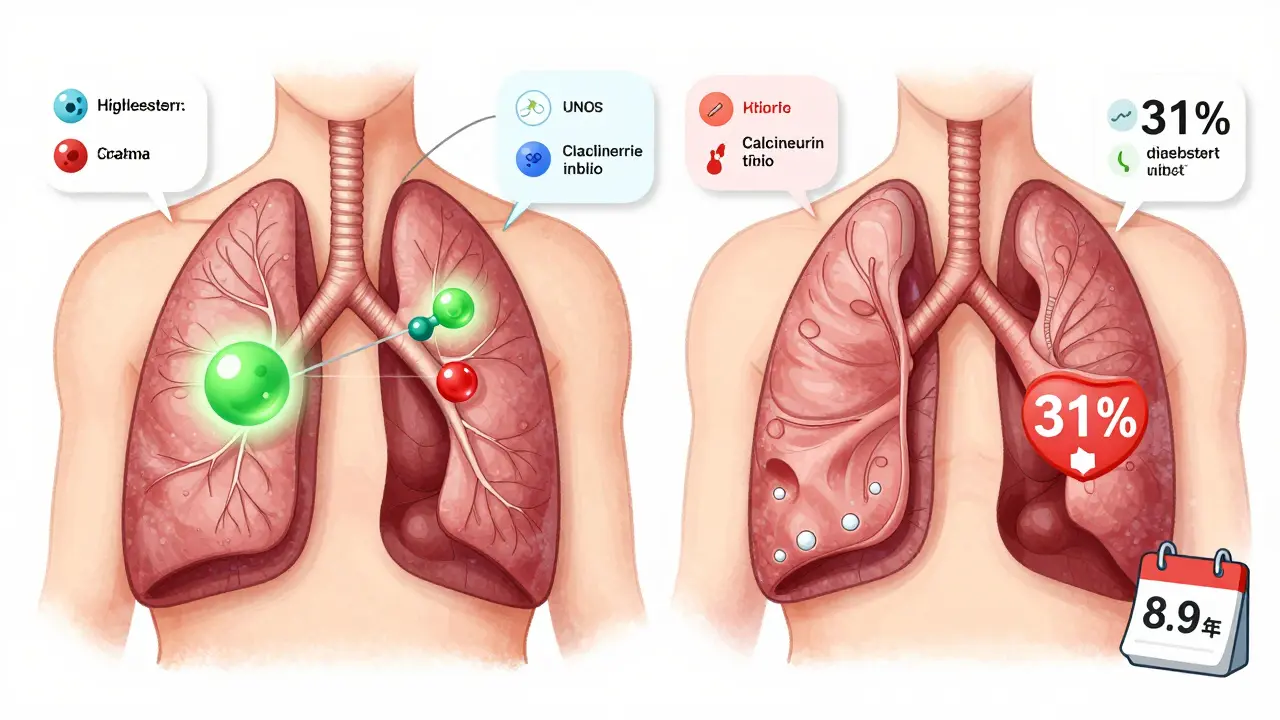Lung transplant patient with sirolimus molecule reducing kidney stress and diabetes risk, compared to traditional drug side effects.