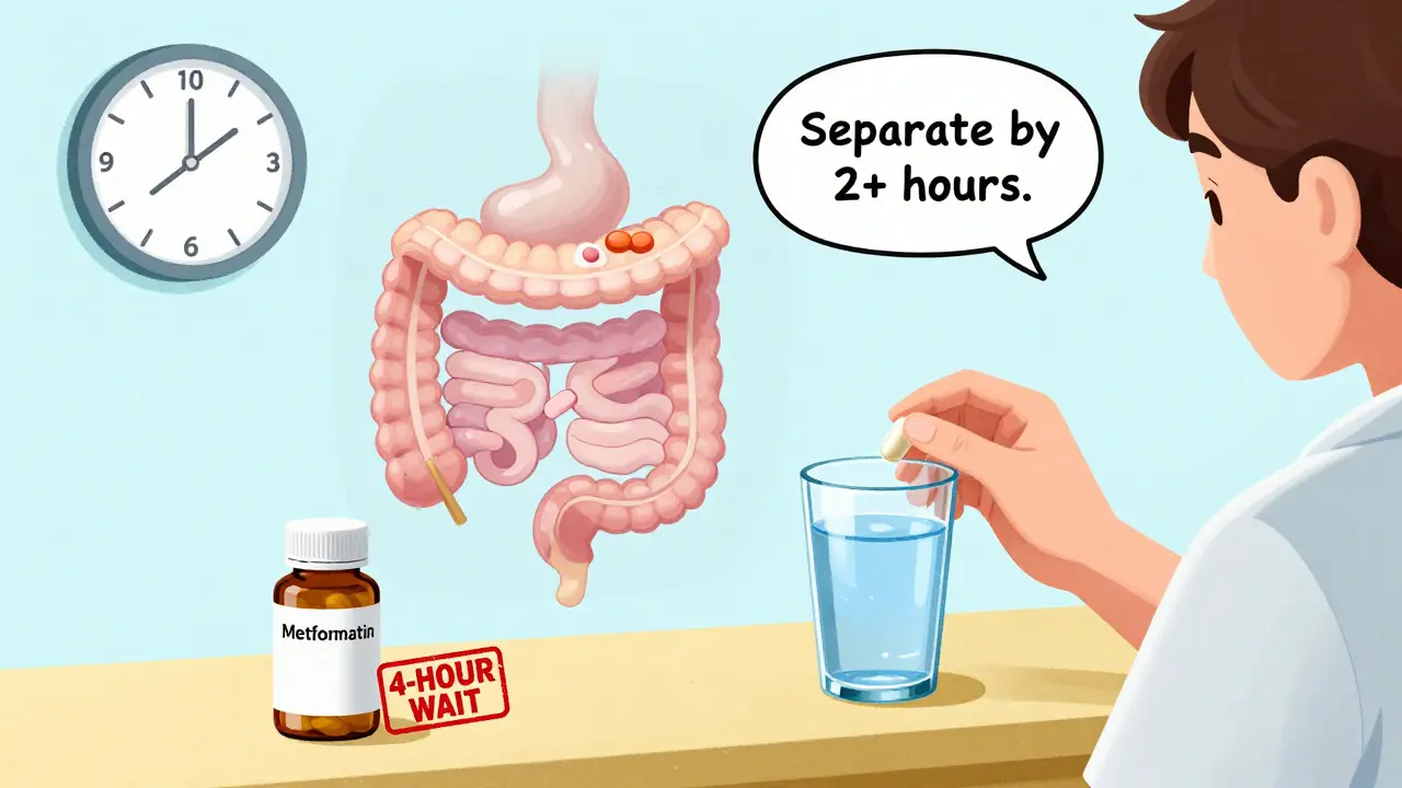 Person taking fiber capsules with water, separated by two hours from medication bottles with a clock and doctor's note.