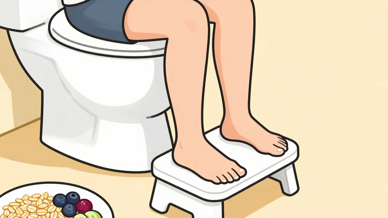 Person using footstool on toilet with high-fiber foods nearby