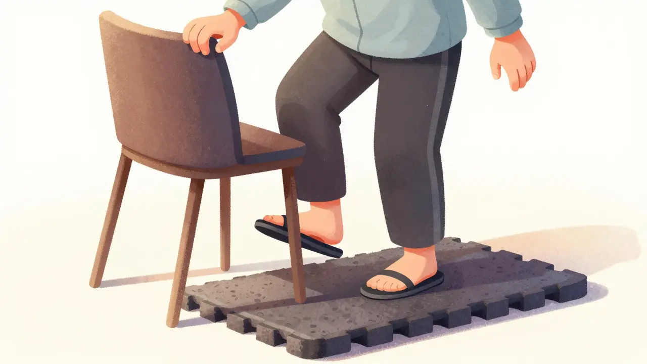 Senior balancing on one foot on foam pad holding chair for support.