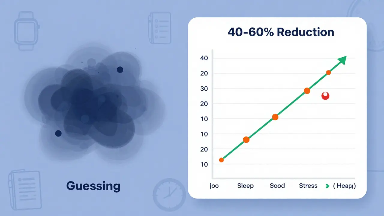 Side-by-side comparison of chaotic symptom guessing versus organized data tracking with a clear reduction trend line.