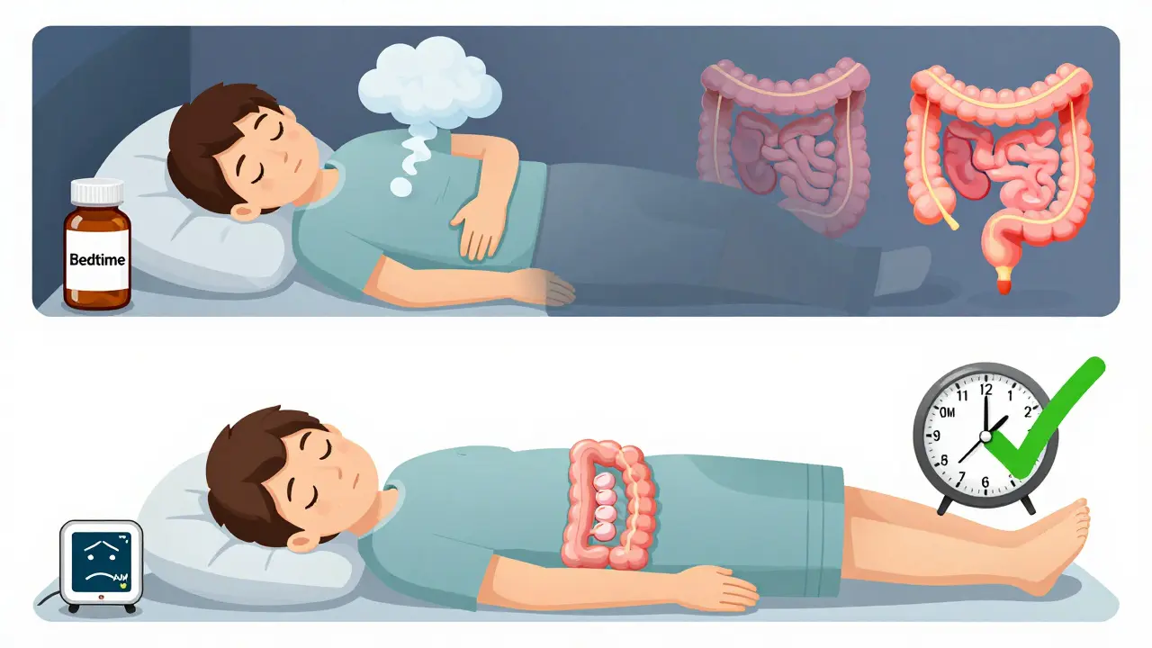 Side-by-side comparison of nighttime bloating from bedtime fiber versus safe afternoon fiber use with peaceful sleep.