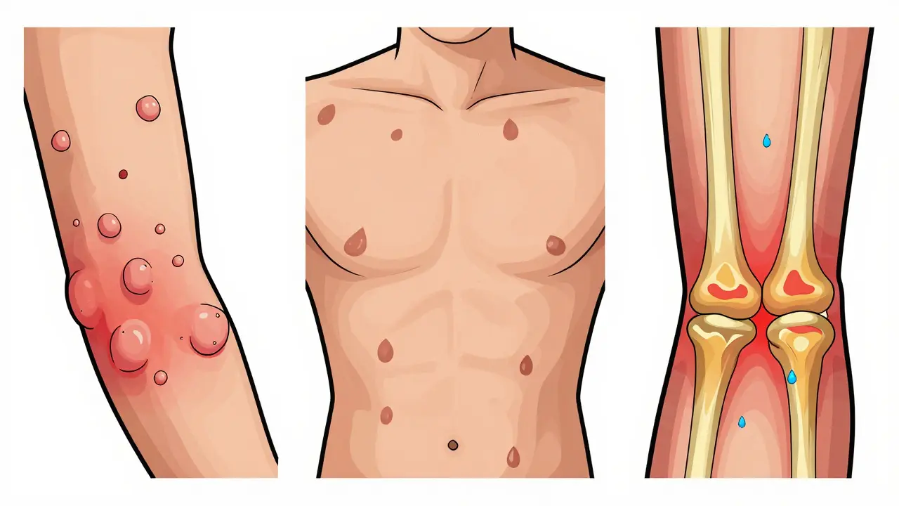 Side-by-side comparison of plaque psoriasis, guttate psoriasis, and psoriatic arthritis symptoms.