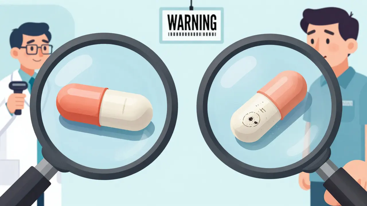 Side-by-side comparison of real and counterfeit pill under magnification, showing visual differences and hidden contaminants.