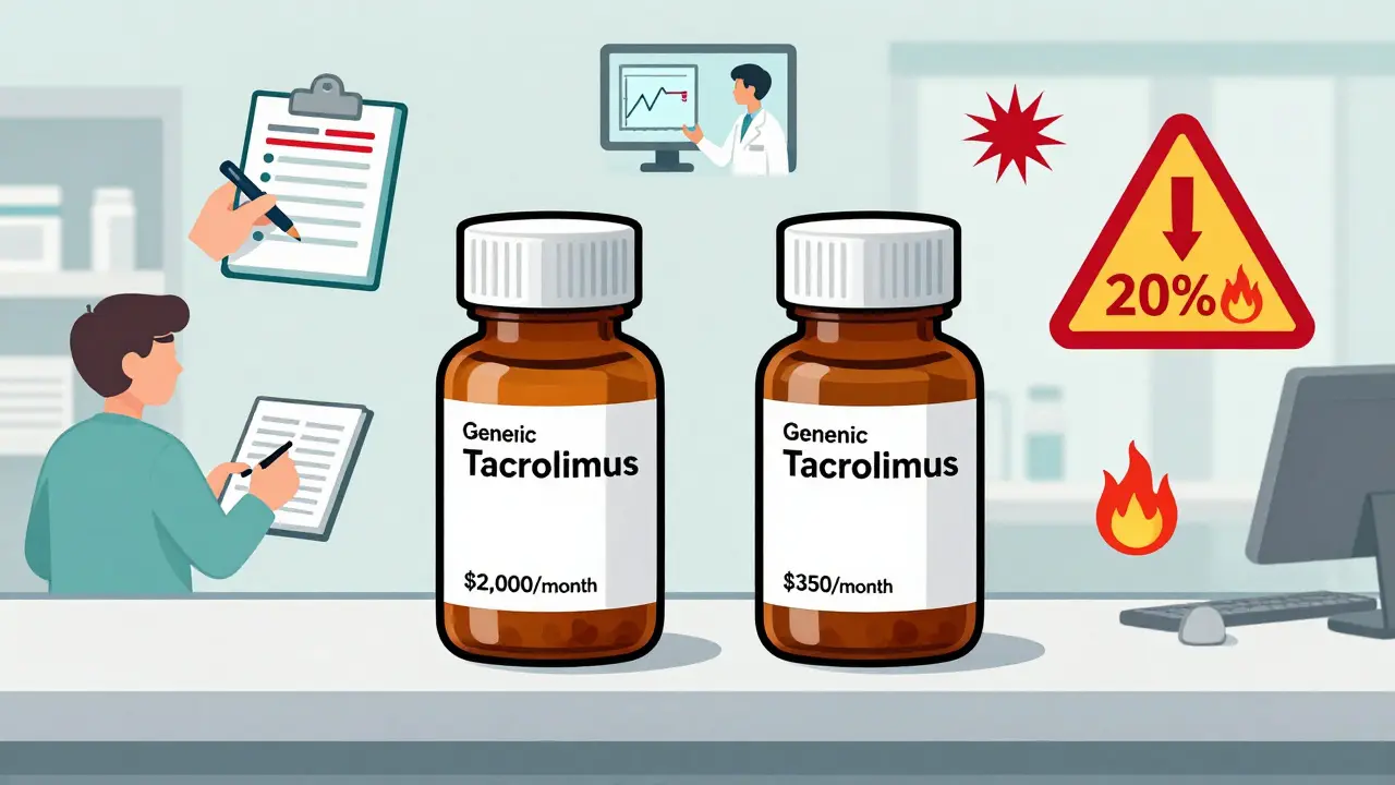 Side-by-side pharmacy bottles of brand vs. generic tacrolimus with price tags, blood level graphs, and rejection warning icons.