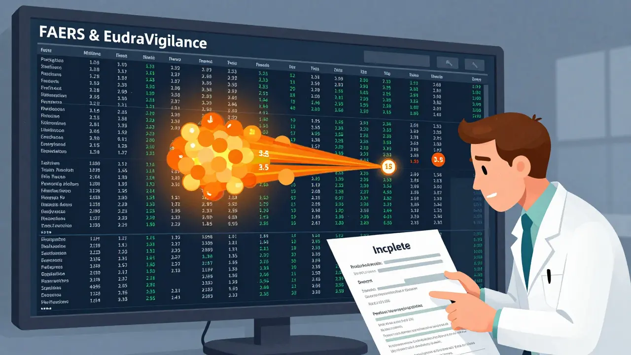 A digital dashboard with millions of data points and a glowing red alert for a drug-side effect link, beside an incomplete patient report.