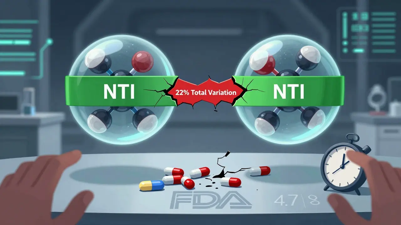 AI molecular models of NTI drugs with cracked safety bands showing dangerous variation gap and expired approval clock.