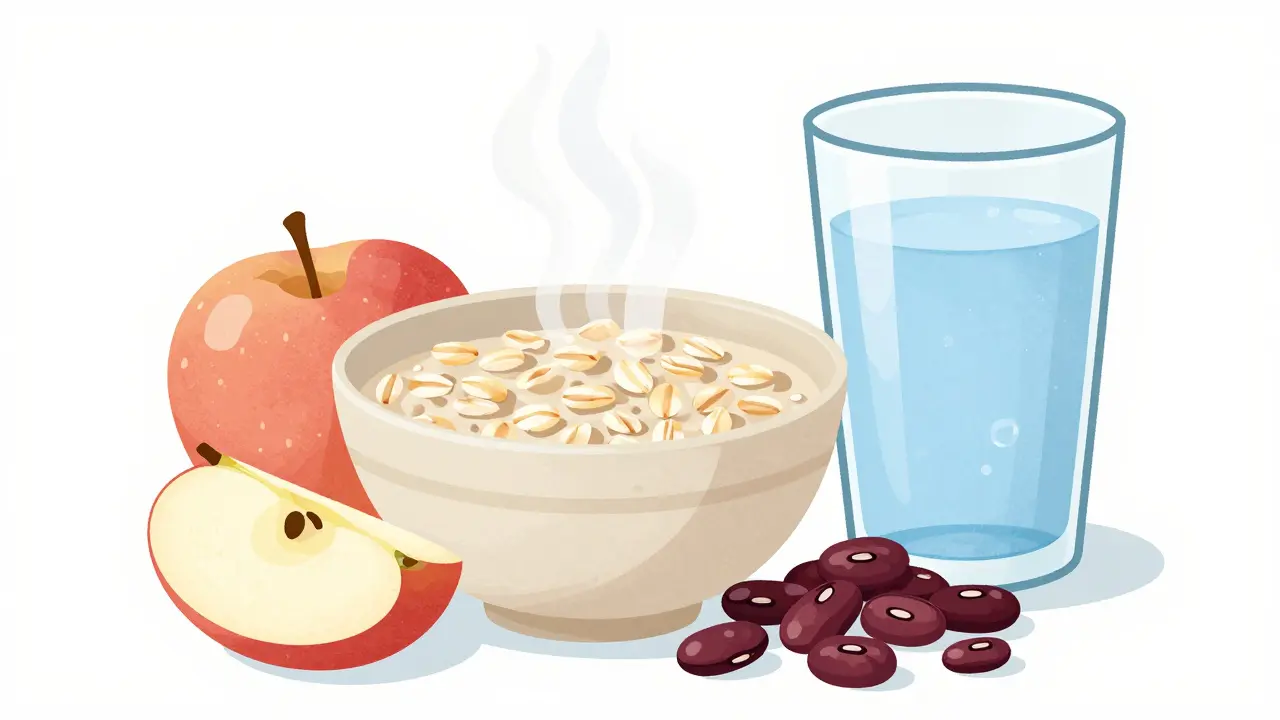Bowl of oats, apple, beans, and glass of water arranged neatly.