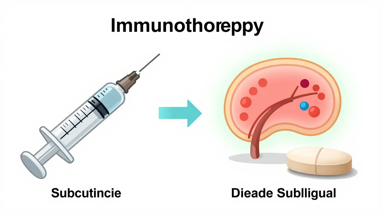 Cartoon comparison of allergy shots and tablets for immunotherapy treatment.