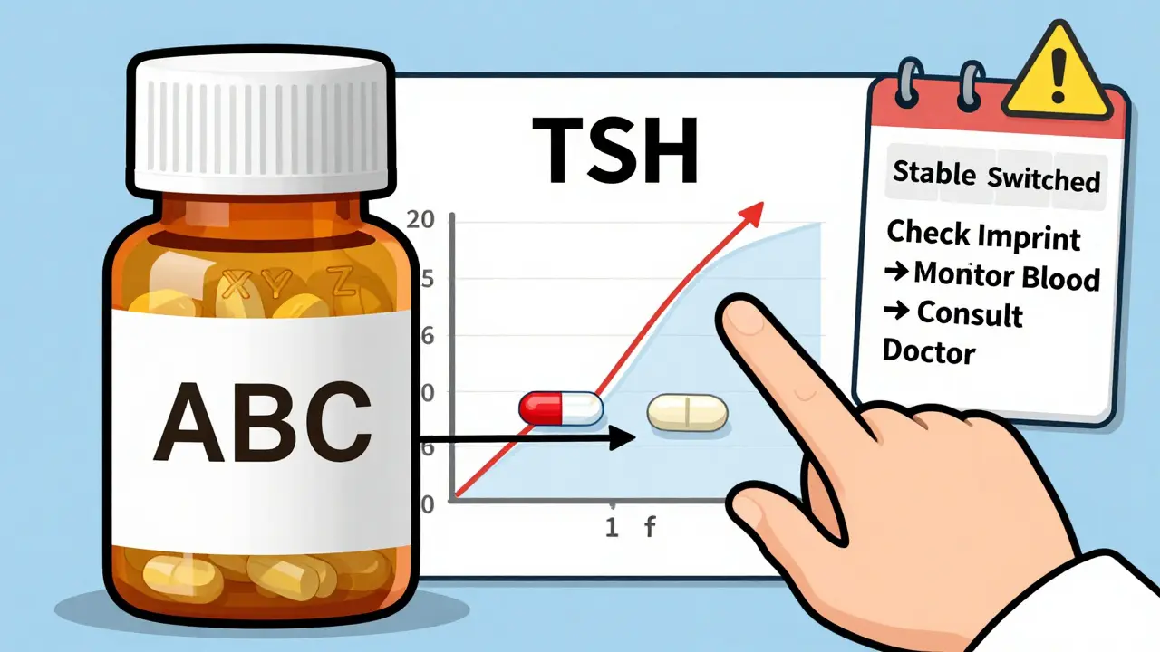 Close-up of pill imprints changing from ABC to XYZ, with TSH levels fluctuating and a doctor's checklist.