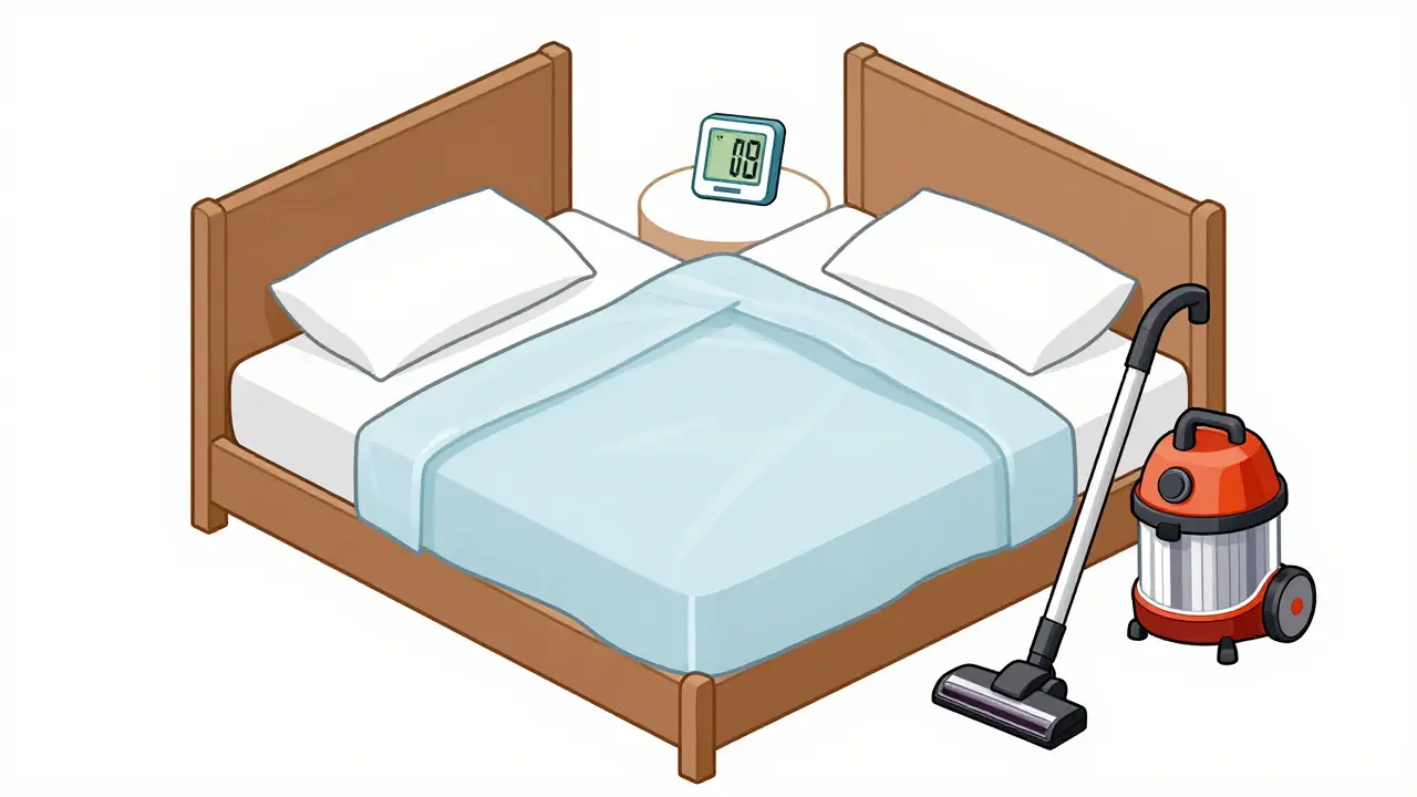 Isometric bedroom scene with allergen-proof bed cover and humidity monitor.