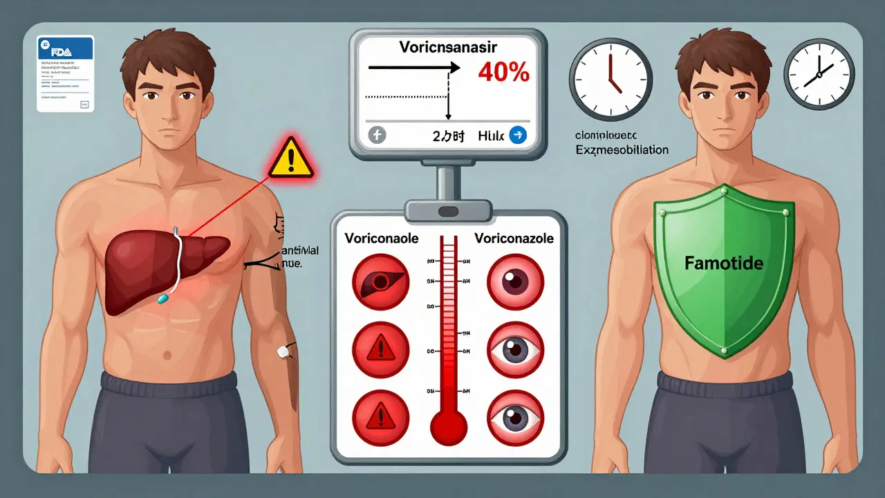 Patient on multiple drugs with cimetidine causing toxic buildup of voriconazole, contrasted with safer famotidine use and enzyme protection.