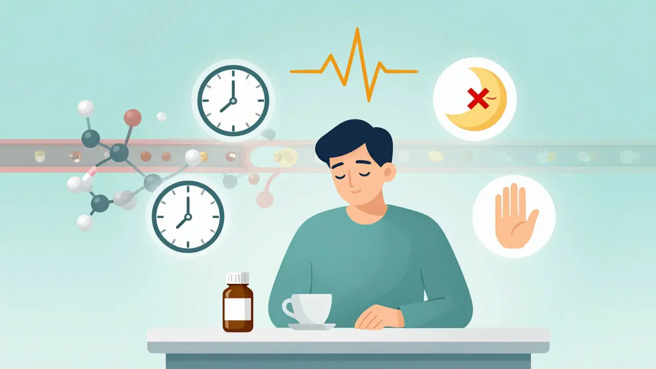 Person at desk with coffee and ADHD pill, surrounded by icons showing elevated heart rate, sleep disruption, and tremors.