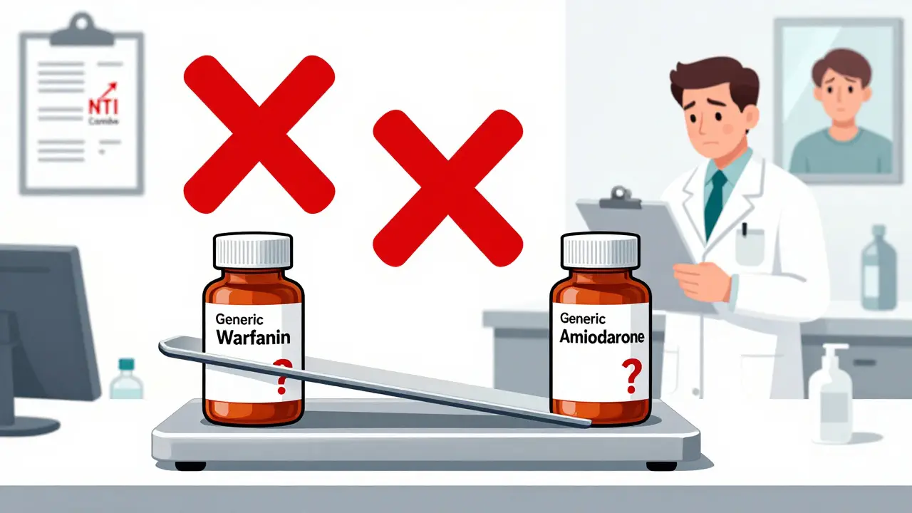 Pharmacy counter with generic pills on a tilted scale and a missing combination pill labeled NTI Combo.