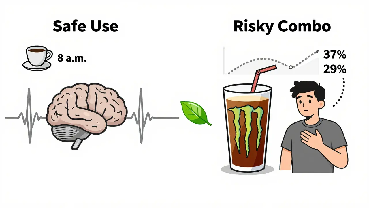 Side-by-side comparison of safe versus risky caffeine and ADHD medication use, with L-theanine as a calming influence.
