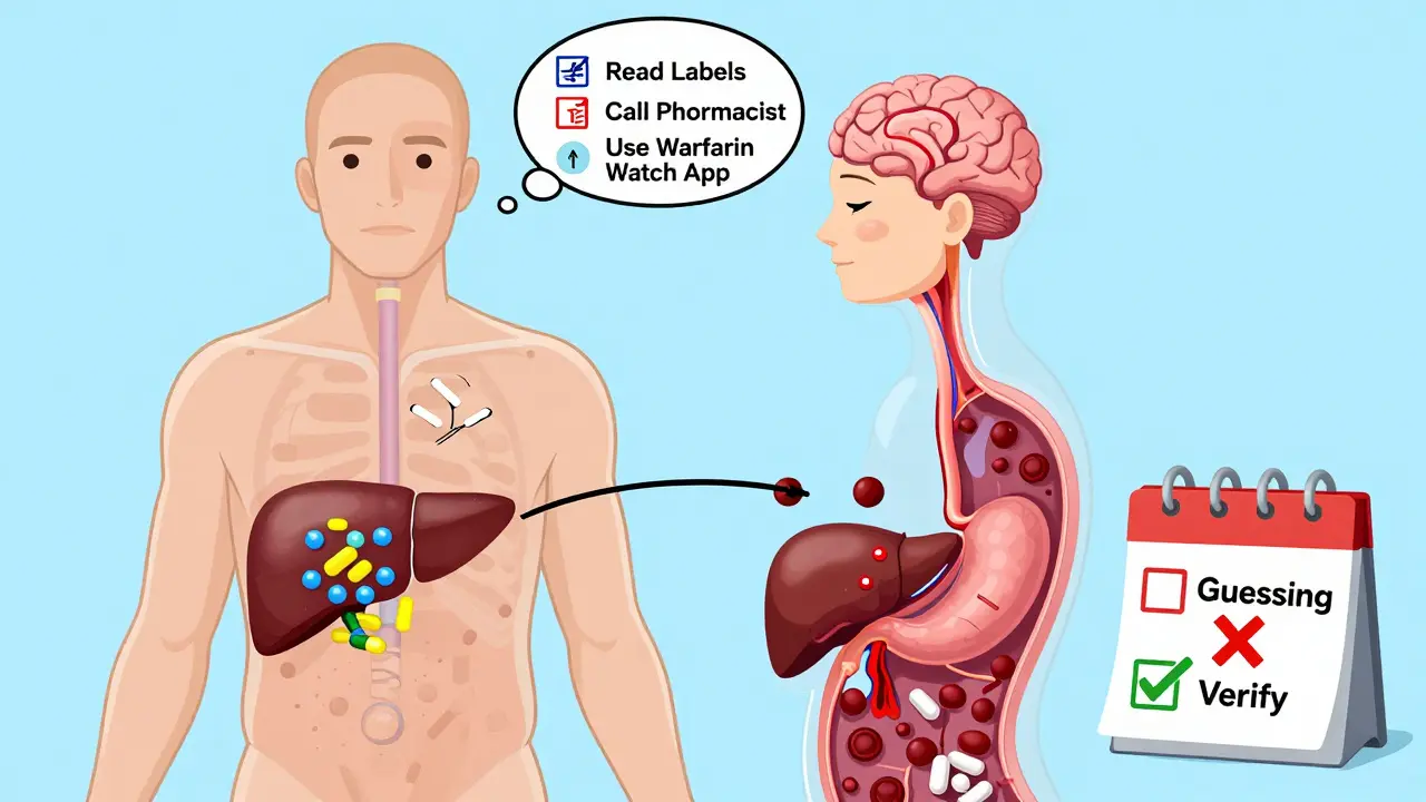 Transparent human body showing warfarin’s mechanism disrupted by an OTC drug, causing internal bleeding, with a safety checklist above.