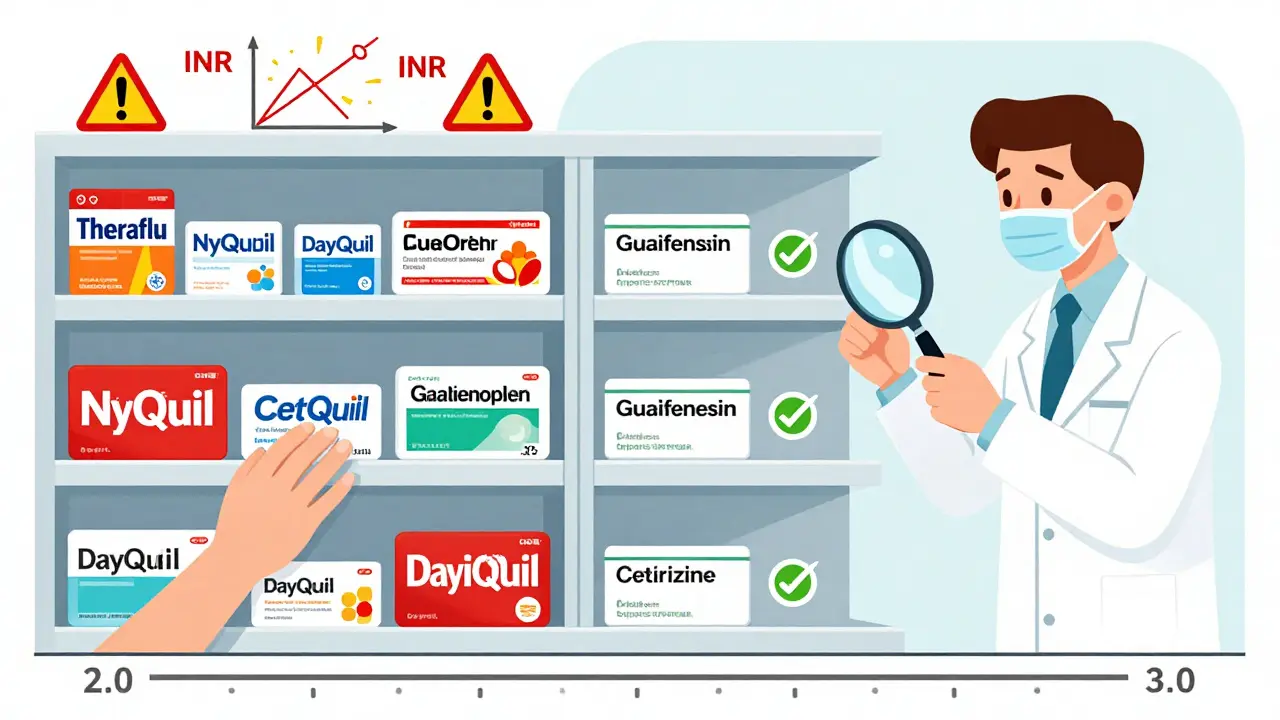 Two medicine shelves: one chaotic with hazardous cold products and exploding INR graphs, the other clean with safe, approved medications.