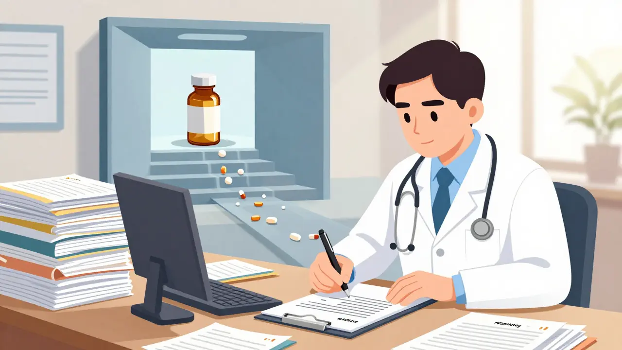 A doctor writing a medical exception letter at a desk covered in insurance paperwork.