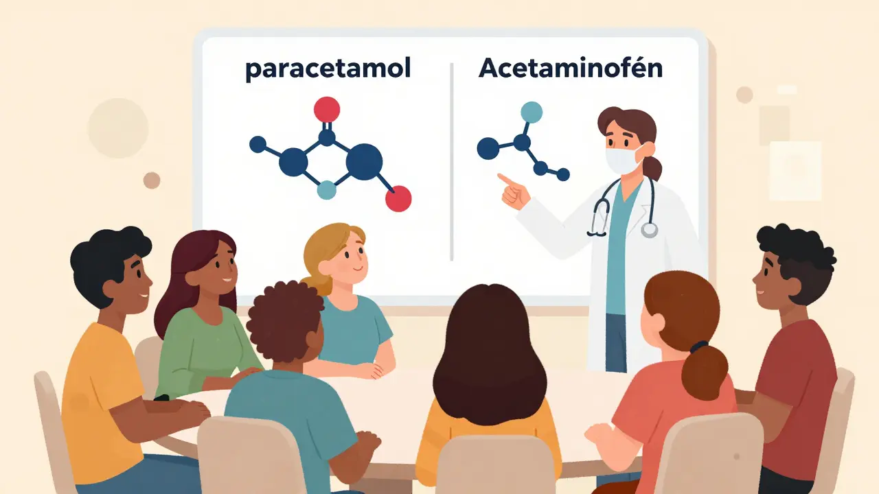 A healthcare provider explaining regional Spanish medication terms to a diverse group of patients.