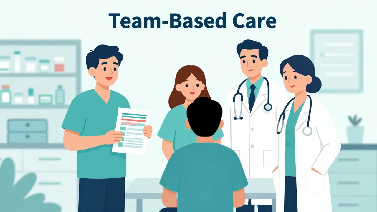 A patient surrounded by a pharmacist and two doctors in a supportive team circle