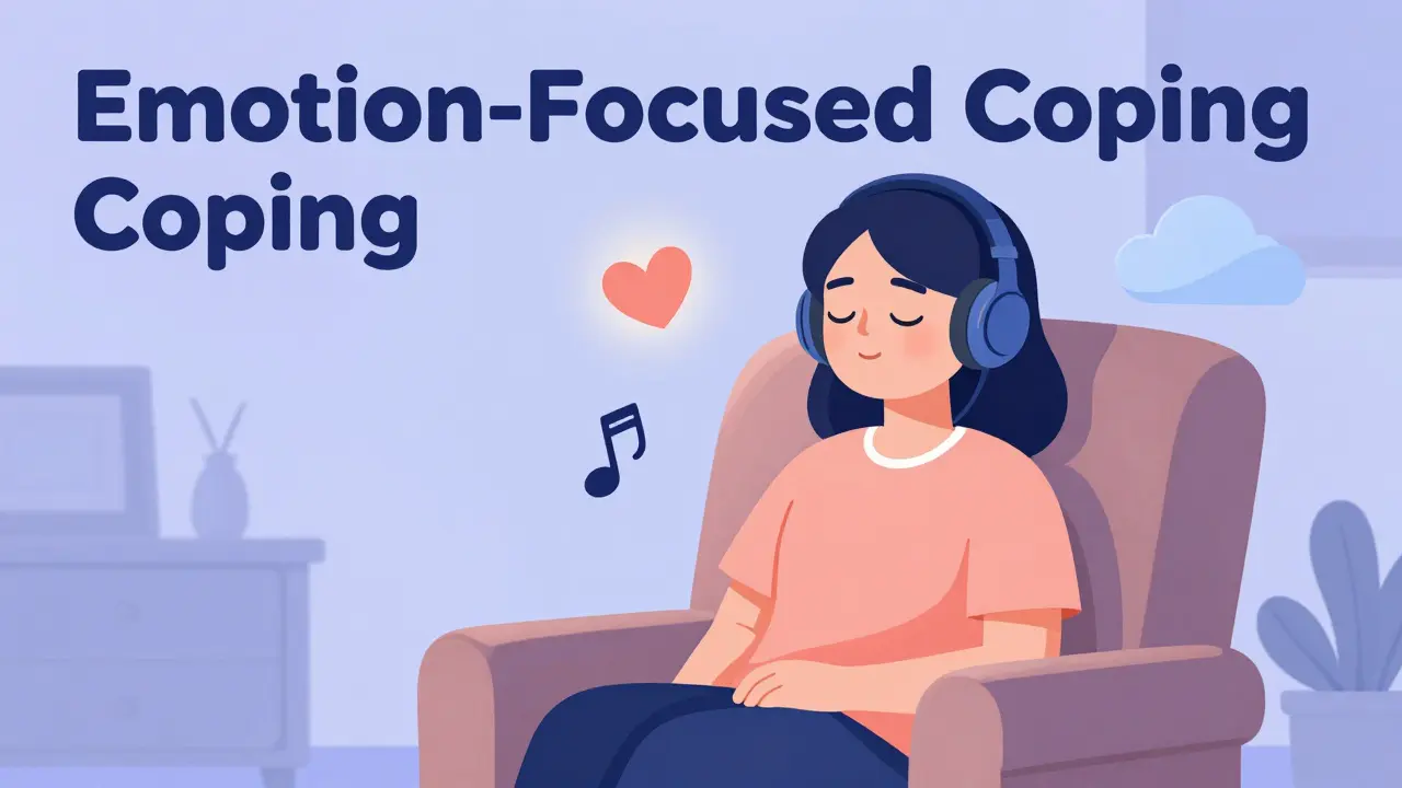 A person wearing headphones and relaxing in a cozy chair with calming abstract symbols