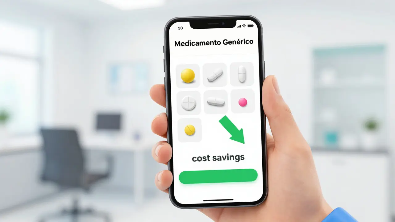 A smartphone displaying a generic medication app with various pill shapes and cost savings information.