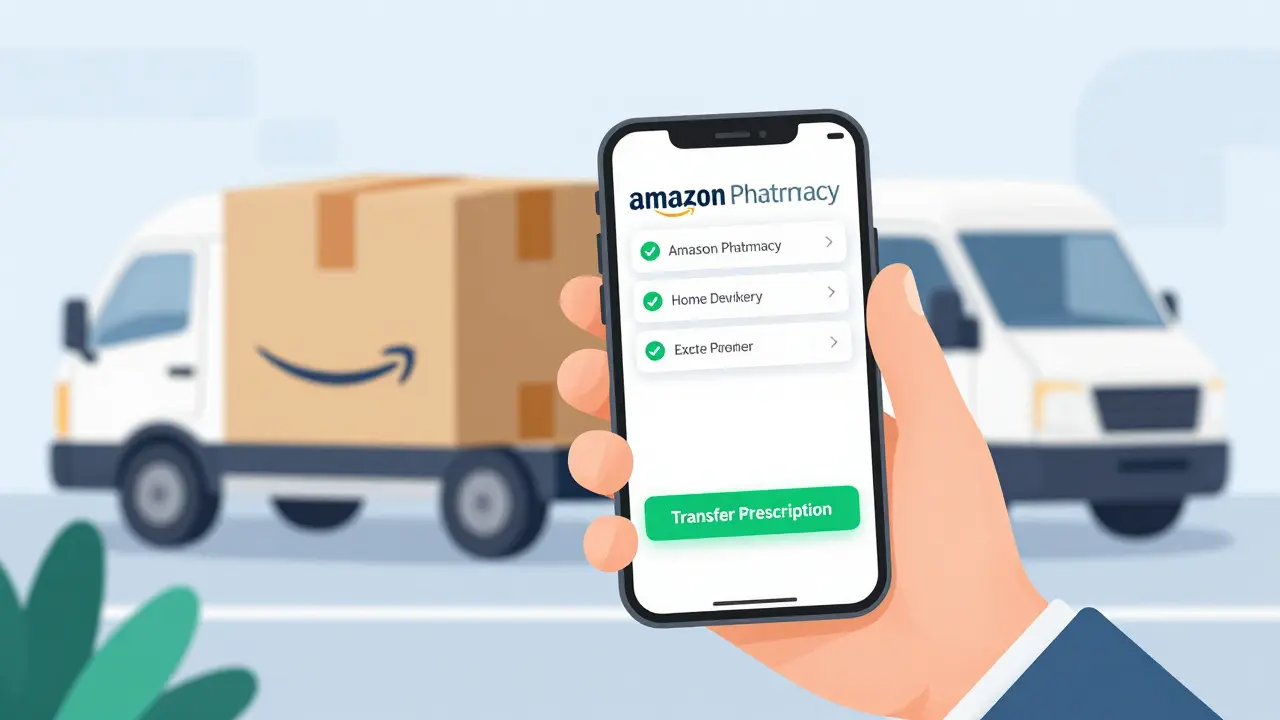 Cartoon illustration of a smartphone app used for prescription transfers and home medication delivery