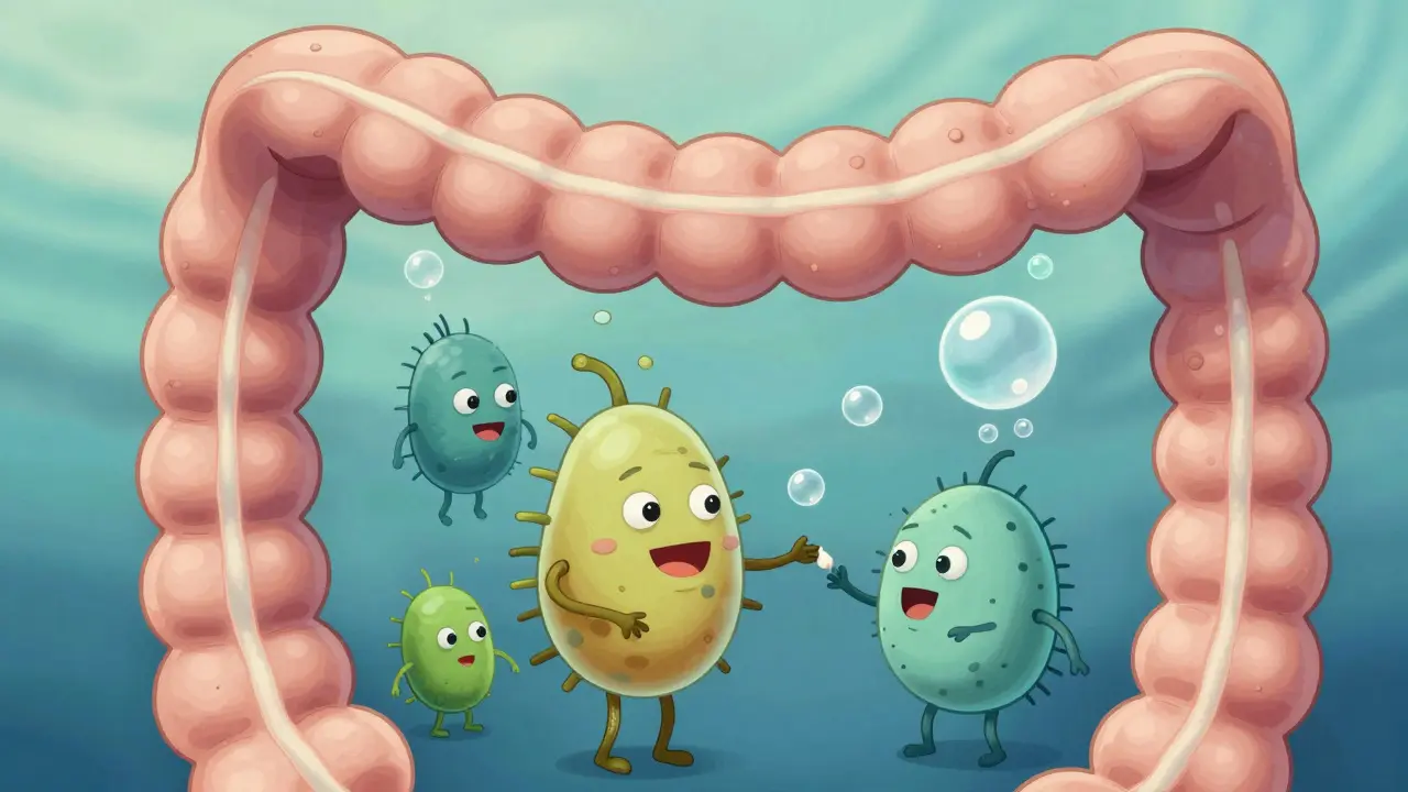 Cartoon illustration of gut bacteria fermenting carbohydrates and producing gas bubbles in the colon.