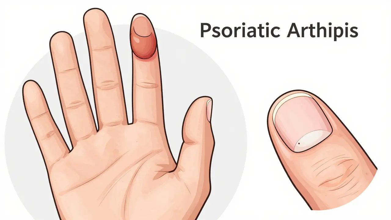 Close-up illustration of a sausage-like swollen finger and a pitted fingernail